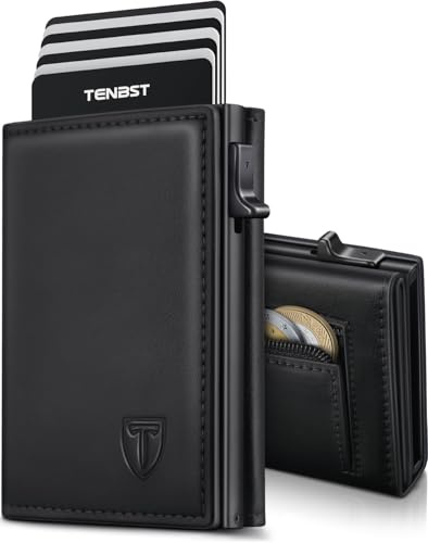 TENBST Cartera Hombre de Cuero, Cartera Tarjetero Hombre pequeño para Crédito, Tarjetero con Bloqueo RFID, Billetes y Monedas con Caja de Regalo
