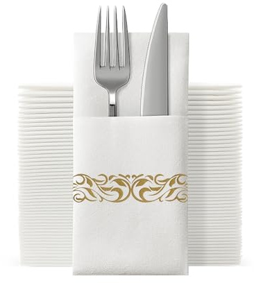 KLEENDOL Disposable Linen Feel Napkins,Built-in Flatware Pocket,Pre-Folded Party Napkin,Decorative Wedding Napkins Disposable,Serviettes,Gold,40 Pack