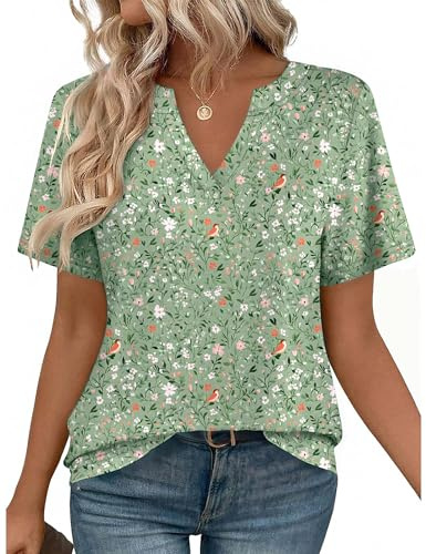 Zeagoo Shirts for Women Short Sleeve Blouses 2026 Fashion Summer Basic Clothes Business Work Top Green Flowers L