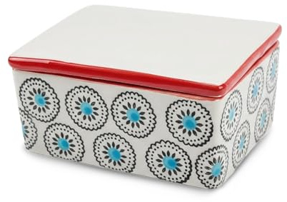 PARUSIA Butterdose Porzellan mit Deckel, Steingut Geschirr, Butterdosen in 4 verschiedenen Designs: Blüten, Ornamente, Herzen, vintage, Butterdose Keramik für Butter (Blüten blau)