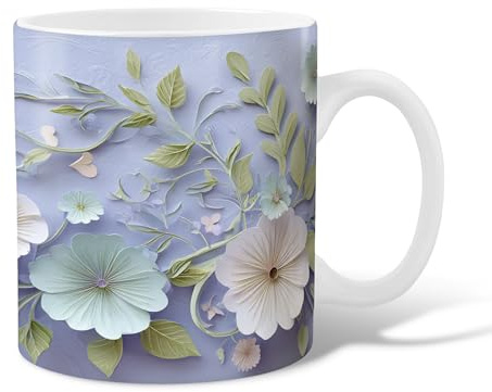 Tasse à café en céramique avec motif floral, feuille de nature, vigne, printemps, bleu, tasse à chocolat chaud avec poignée, cadeau pour amitié, famille, collègues, enseignants, personnel chéri, 445