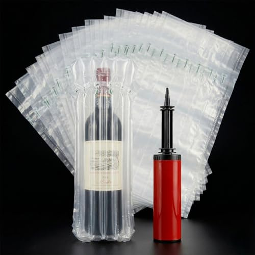 50 Stück Aufblasbare Flaschenverpackung inkl. Luftpumpe – Luftsäulen Beutel (38x13 cm) für Weinflaschen & Glasflaschen – Bruchsichere Luftpolster Schutzhülle für Transport, Reisen & Versand