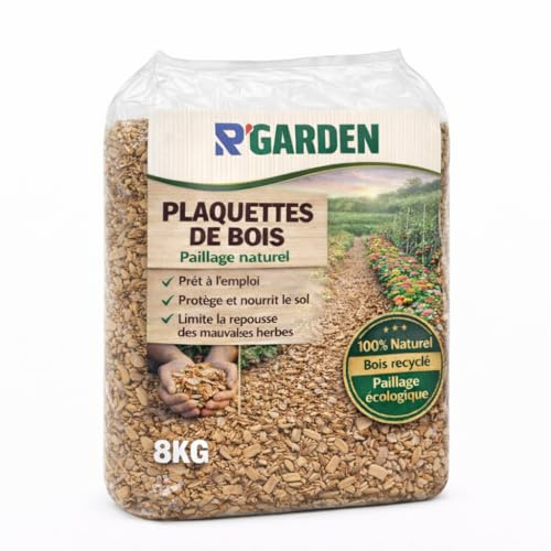 R'Garden Plaquettes de Bois pour Paillage – Copeaux 100% Naturels – Réduit Les Mauvaises Herbes, Conserve l’Humidité, Protège Les Racines – Idéal Jardin, Potager, Massifs et Arbustes (8kg = 1,4m2)