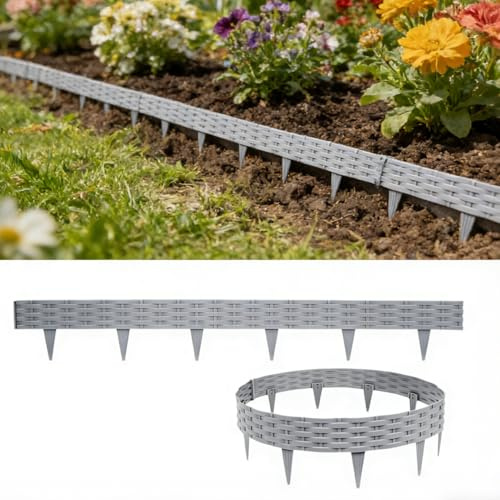 Ferzone 10M Bordure de Jardin Plastique, Bordure de Jardin Aspect Rotin, Bordures de Parterre Flexible Résistant, Palisade Parterre Extérieur, Bordures Pelouse pour Gazon Verger Potager, Gris