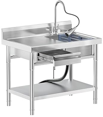 RiveraSink Spültisch Edelstahl Freistehend mit Schublade & Wasserhahn – Gastro Spültisch mit Spülbecken, 360° Ausziehbarem Wasserhahn & Ablage, Edelstahl Spülstation für Küche, Gastronomie, Waschküche