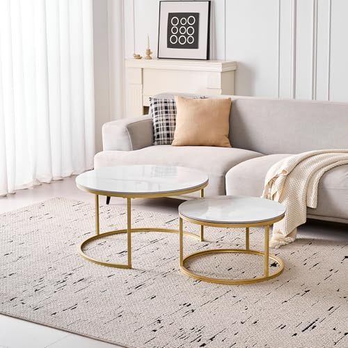 BenyLed 2er Set Couchtische (Sinterstein) mit Goldener Metallrahmen, Runder Beistelltisch, Wohnzimmertisch fürs Wohnzimmer, Schlafzimmer, Balkon (Weiß/Gold, 80 * 80 * 45cm+60 * 60 * 35cm)