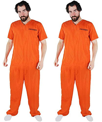STRÄFLINGS PAAR KOSTÜM VERKLEIDUNG= 2 TEILIG ANZUG IN ORANGE MIT DER AUFSCHRIFT PRISONER AUF VORDER+RÜCKSEITE=GEFÄNGNISS FASCHING KARNEVAL HALLOWEEN JUNGGESELLENABSCHIED=LARGE+LARGE