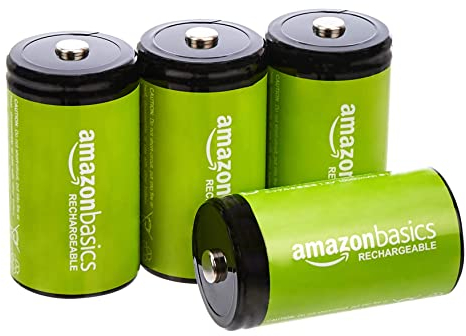 Amazon Basics, 4 batterie ricaricabili D NiMH, 10000 mAh, ricarica fino a 1000 volte, pre-caricate
