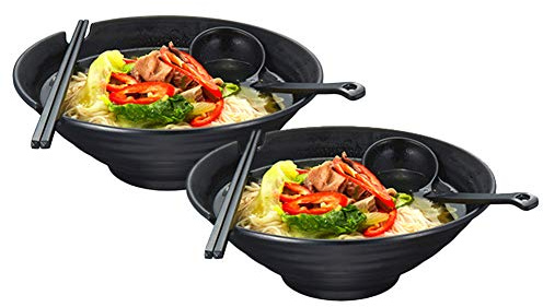 Lanbent 2 Pièces Japonais Ramen Bol Set, 1000ML Bols à Soupe avec Baguettes et Cuillère, Cuisine Restaurant Hôtel Vaisselles Utilisé pour Salade Riz Dessert Pâtes, Noir