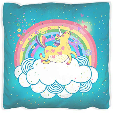Wallario Dekokissen 40 x 40 cm, Lustiges Einhorn auf Einer Wolke vor Regenbogen, beidseitig Bedruckt, Kuschelkissen mit weicher Plüsch-Oberfläche