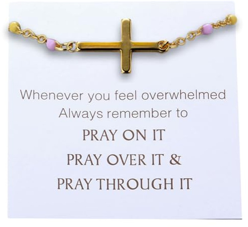 Halukakah Bracelet Croix de Prière Plaqué Or 18k pour Fille,Enfant,Ado - Bijoux Chrétiens pour Confirmation,Baptême,Cadeaux Catholiques - Perles Colorées Artisanales,Bracelet de Foi avec Carte de Pray