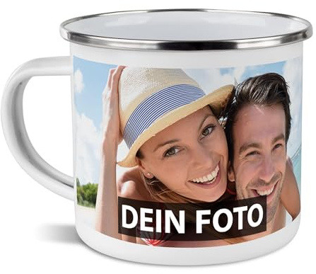 Tasse mit Foto und Text selbst gestalten - Wunschtext, Wunschfoto, Geburtstag, Weihnachten - Emaille Rand Silber, 480 ml I Personalisiert