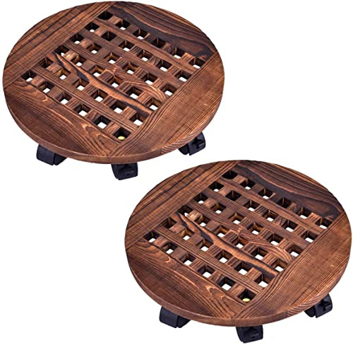 Lot de 2 supports de pot de fleurs ronds en bois de 35 cm avec roulettes pour intérieur et extérieur - Roulettes rotatives à 360° - Plateau à rouler pour dessous de pot de jardin (lot de 2)