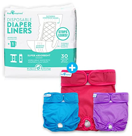 Paw Inspired Reusable, Washable Female Dog Diapers (X-Small, 3 Count) with Disposable Diaper Liner Inserts (30 Count)