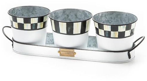 MACKENZIE-CHILDS Galvanized Herb Pots with Tray, Metal Herb Planters, Set of 3, Spectator