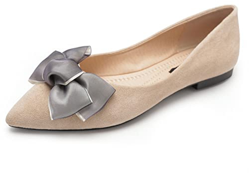 MACHSWON Womens Ballet Flats Pointed Toe Bow Faux Suede Ladies Black Slip On Ballet Pumps Dolly Shoes(Apricot-1, Size 6)
