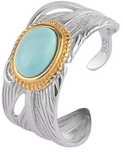 Ringe Silber, 925 Sterling Silber Federring Rund Türkis Vintage Verstellbare Ringe Natürlicher Edelstein Energie Charm Hochzeitsschmuck Geschenke Für Männer Damen
