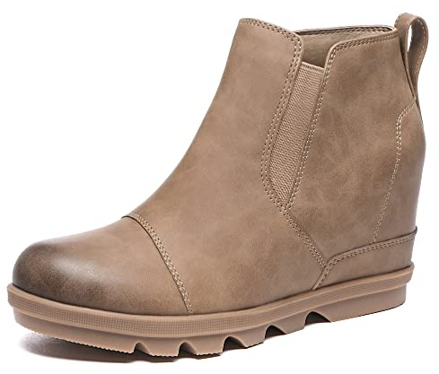 Athlefit Women's Wedge Ankle Boots Comfortable Slip On Wedge Booties Khaki Booties Size 7.5