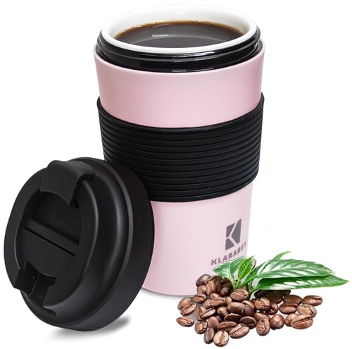 Keramisk Travel Mug med lock, Bärbar keramisk mugg med ärm, Läckningstät keramisk fodrad kaffe Travel Mug, Återanvändbar kaffemugg, 350ml / 12oz (Rosa)