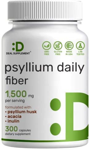 Psyllium Husk 1500mg Per Serving, 300 Capsules – 3 in 1 Fiber Supplement with Inulin & Acacia Complex – Natural Soluble Fiber, Supports Digestive Health* – Plant Based, Non-GMO