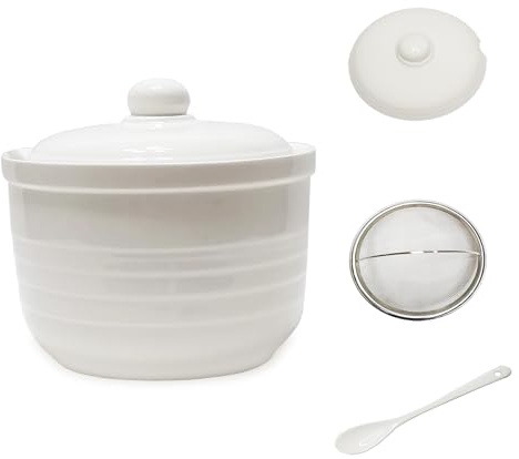 MaoYaMao Ceramic Bacon Grease Container with Stainless Steel Strainer,Cooking Oil Storage Can 17oz(White)