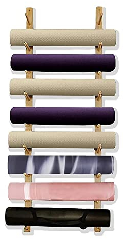 BIBOYA Yogamatten-Halterung Strapazierfähiger Yogamattenhalter Holz, Wandmontiertes Yogamatten-Aufbewahrungsregal für Schaumstoffrolle/Yogagurt/Ziegel, Organisator für Heimgymnastik-Trainingsmatten