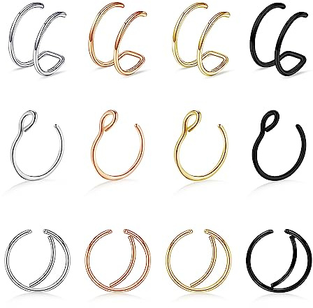 Kucheed 14 st falska näsringar, magnetiska näsdubbar falsk septum dubbel näsring ringar öronmanschetter, magnetiska septumringar falska näsörhängen helix brosklob snäcka läpp falsk kroppspiercing