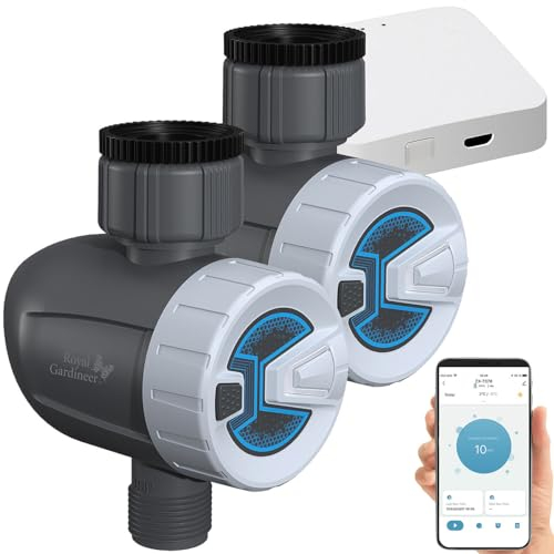 Royal Gardineer Bewässerungssteuerung: 2 smarte programmierbare Bewässerungscomputer mit WLAN-Gateway & App (Bewässerungscomputer Bluetooth, App Steuerung, Feuchtigkeitsmesser)