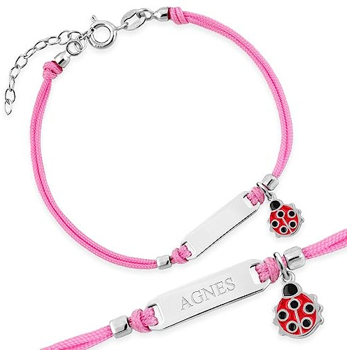 Maverton Bracelet Cordon en Argent Sterling 925 gravé - Bijou pour enfant avec Boîte personnalisable - Bracelet personnalisé - pour bébé - fille - anniversaire - baptême - rose - coccinelle