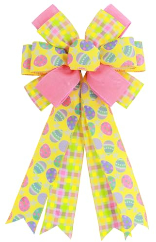 Tmflexe Große Osterkranz-Schleifen, rosa und gelb, Frühlingsschleifen, Eierkranz, Schleifen, 29 x 49,8 cm, bunte Karos, Frühlingsbänder, Jute-Ornamente für Haustür, Geschenkverpackung, Girlande,