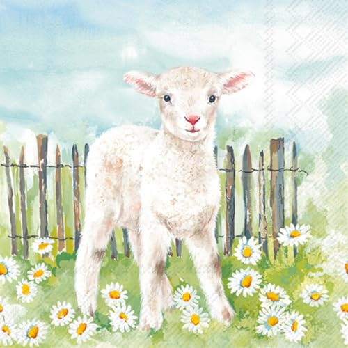 20 Servietten Taufe Lamm auf Blümchenwiese als Tischdeko. Papierservietten mit Motiv. Auch für Decoupage und Serviettentechnik 33x33cm