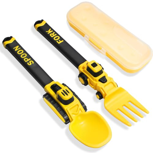 Construction Barnbestickset – babybestick – lämplig för barngaffel och skedar – grävmaskin bestick för barn, bärbart småbarnsset för 1, 2, 3, 4, 5-åriga småbarn – gul