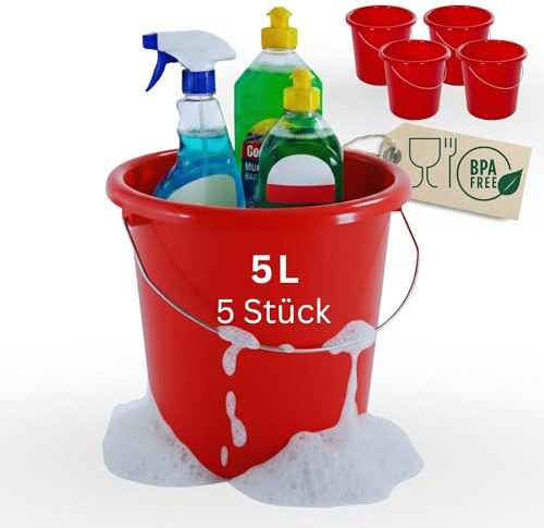 Novaliv 5 Stück Eimer 5L Rot mit Maßeinteilung - Putzeimer 5 Liter ? 22,5 cm Praktischer Allrounder mit Skala für Haushalt & Garten ideal als Haushaltseimer, Wassereimer, Wischeimer, Bucket