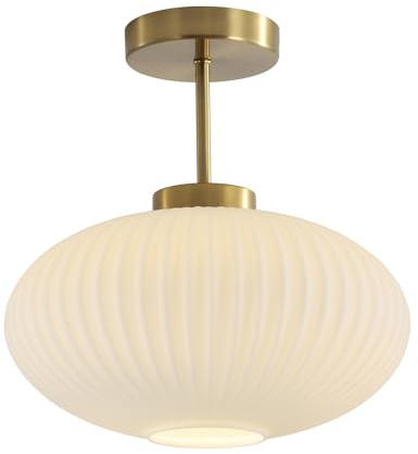 KCO Lighting 11.8‘’ White Ribbed Glass Semi Flush Mount Ceiling Light Large Milk Glass Ceiling Lights Fixture Brushed Gold Flush Mount Bathroom Light Mid Century Modern Entry Lights