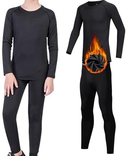 Conjunto de capa base térmica para niños, camisa de manga larga de compresión forrada en fieltro y pantalones largos para niños y niñas, ropa térmica para invierno, gimnasio, deporte, cálido, Negro