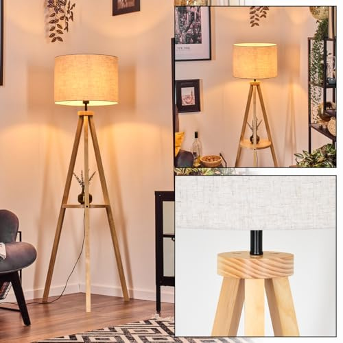 HOFSTEIN Bassagoda golvlampa, golvlampa med träbotten och tygskärm, E27, skandinavisk design, boho-stil, höjd 153cm, Ø 40cm, fotbrytare, hylla - vardagsrum, sovrum, hall