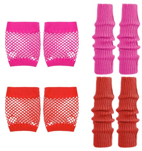 XPEX 2 Sätze Leg Warmers 80Er Jahre Outfit Damen Stulpen Für Damen Netzhandschuhe Elastische Neon Beinstulpen Und Netzhandschuhe Set 80Er Jahre Kostüm Zubehör（Rosa+Rot）