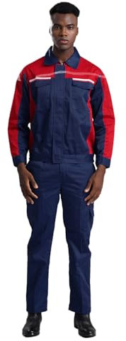 dPois Herren 2tlg. Arbeitsanzug Arbeitskleidung Baumwolle Arbeitsjacke Bundjackemit Lang Arbeitshose Werkstatt Uniform Berufskleidung Navy blau&Rot 190/4XL