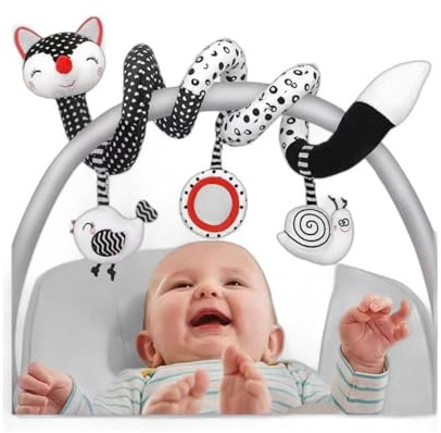 GZYFUVALW Car Seat Toys for Babies 0-6 Months, Baby Sensory Interaction Cartoon Toys with Bells_Black and White High Contrast Baby Toy Hanging or Wrapping Around The Infant Bed or Strollea03 ﻿
