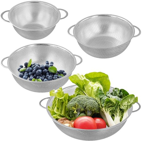MAHIONG 4 PCS Stainless Steel Colanders with Handle, Metal Kitchen Colanders Stainless Steel Drain Baskets for Drainage Filtration Cleaning Vegetables, Rice,Fruit