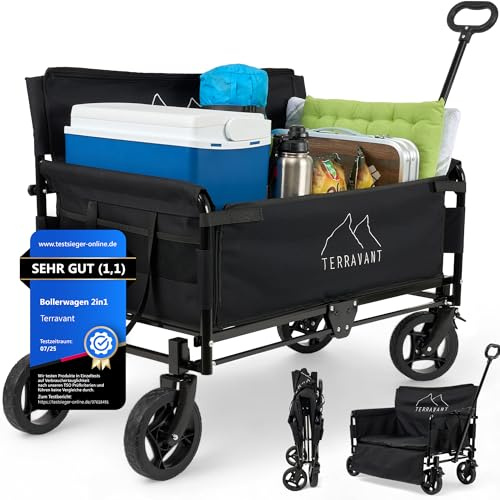 Terravant Bollerwagen Faltbar Kinder mit Bremsen und Sitzbank, Faltbarer Bollerwagen Strand, Strandwagen, Handwagen faltbar für Camping, Festivals und Ausflüge,120kg Traglast, 300L Volumen