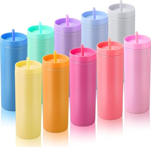 SWHCM 10 Stück Skinny Becher Mehrweg mit Deckel und Strohhalm, Matte Pastellfarbene Hartplastikbecher, Doppelwandige Trinkbecher für Heiße & Kalte Getränke, ideal für DIY & Geschenke, 470 ml