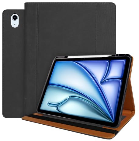 World biz Lederhülle für iPad Air 13 Zoll Hülle M3/M2 (2025/2024), Premium Leder Multi-Angle Viewing Stand Cover mit Stifthalter & Kartenfächern, Auto Sleep/Wake, Schwarz