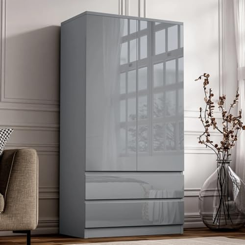 Blisswood High Gloss Wardrobe with 2 Drawers – Grey 2 Door Wooden Bedroom Wardrobe with Hanging Rail | Modern Double Clothes Organiser Cupboard Unit for Bedroom Furniture