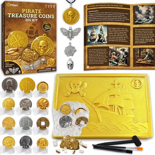 PIBEX Pirate Treasure Coins Dig Kit, 16+ Ancient Metal Coins & Skull Charms | Excavate Coin Replicas with Stands, Fool's Gold, Necklace Making, Collector Kit, STEM Treasure Hunt Toy for Kids Ages 6+