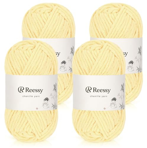 Reessy Chenille Yarn, Soft Chunky Yarn for Crochet, 4 ×50g Thick Wool Fluffy Wool Perfect for Crochet Baby Blankets, Jumpers, Scarves, Hats(Yellow)