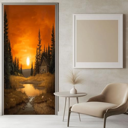 Türtapete selbstklebend - 90 x 200 cm -Türposter, Ländliche Waldlandschaft mit Sonnenuntergang Türaufkleber, Aufkleber PVC Folie, Klebefolie für türen, Tür tattoo, Modern Heim Decoration