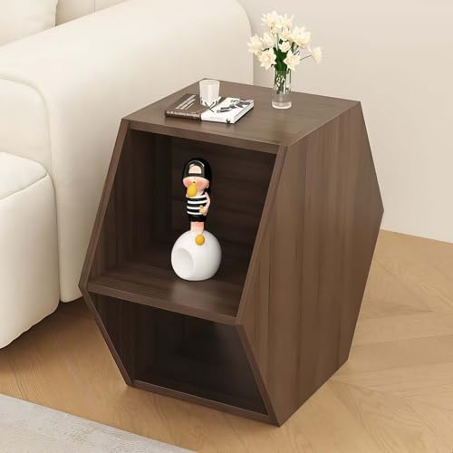 GAOCUNBING Table basse hexagonale en bois massif, peut être placée horizontalement ou verticalement, table d'appoint multifonctionnelle pour salon, chambre à coucher, noyer, 63 x 54,5 x 35 cm