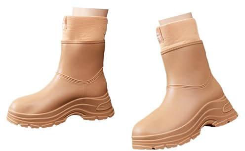 Xbemkste Bottes en caoutchouc pour femme - Bottes mi-hautes doublées imperméables - Bottes de pluie antidérapantes - Chaussures de jardin - Bottes de pluie en caoutchouc - Bottes d'hiver chaudes