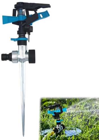 Aspersor de pulsación, aspersor de impulso premium, 360 grados, aspersor de césped, 15 m de alcance, riego de grandes superficies de hasta 200 m², adecuado para jardín, césped, plantas, verduras